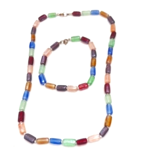 VINTAGE MULTI-COLORED TUBULAR BEADED 18" NECKLACE MATCHING 7.5" BRACELET SET - Picture 1 of 9